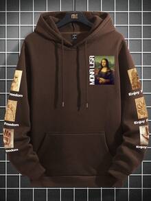 Manfinity EMRG 男士口號和人物圖形袋鼠口袋抽繩保暖衣帽衫 - 咖啡棕 - 查看 3