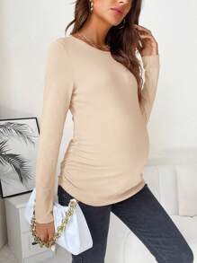 SHEIN Maternity Solid Ruched Side Tee - Apricot - View 4
