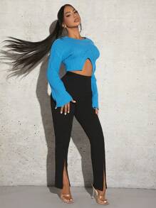 SHEIN SXY 女款分襟高腰長褲派對 - 黑色 - 查看 4