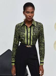 Maija Allover Print Button Front Shirt,Long Sleeve Tops