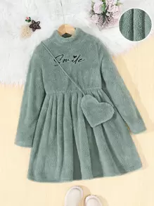 Tween Girl Letter Embroidery Mock Neck Teddy Dress & Bag - Green - View 1