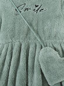 Tween Girl Letter Embroidery Mock Neck Teddy Dress & Bag - Green - View 5