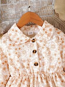 Young Girl Floral Print Half Button Dress - White - View 4