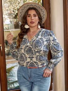 SHEIN VCAY Plus Allover Print Lantern Sleeve Blouse - Multicolor - View 5