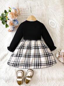 女嬰格紋印花荷葉袖假兩件洋裝 - 黑色 - 查看 2
