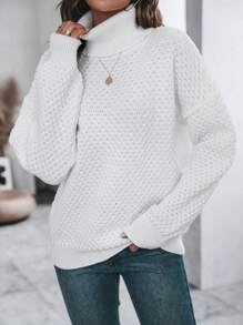 SHEIN Essnce 高領落肩袖套頭毛衣 - 白色 - 查看 3