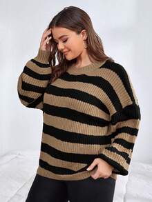 Calvaya Talla grande Jersey con patrón de rayas de hombros caídos - Caqui - Ver 4