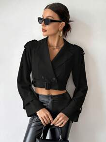 SHEIN Essnce 雙排釦帶扣細節短款風衣外套 - 黑色 - 查看 1