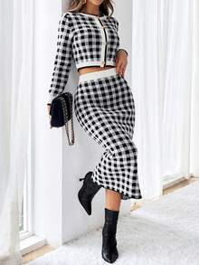 SHEIN Privé Mô hình Gingham Nút phía trước Áo nịt & Váy dệt kim - Đen và trắng - Xem 4