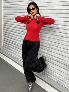 SHEIN Unity Tu bổ trái tim Chi tiết Cổ giả Dây kéo mặt trước Áo len - Đỏ - Xem 4