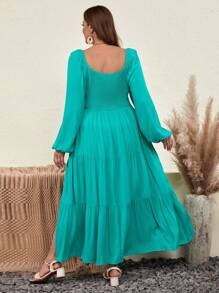 SHEIN VCAY Plus Square Neck Lantern Sleeve Ruched Bust Ruffle Hem Dress - Green - View 2