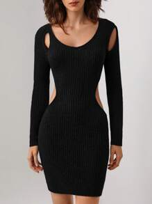 SK TroubleMaker Designer Cut Out Ribbed Knit Bodycon Elegant Sweater Dress, For Holiday, Party, Birthday Outfits, Festival, Wedding Prom Dress - Black - View 6