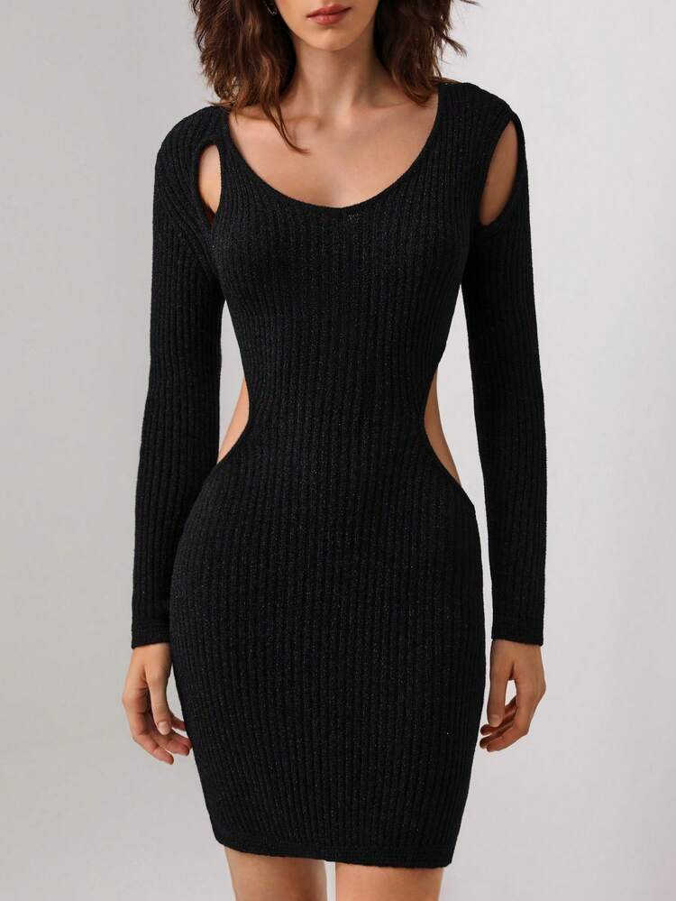 Designer Cut Out Ribbed Knit Bodycon Elegant Sweater Dress, For Holiday, Party, Birthday Outfits, Festival, Wedding Prom Dress