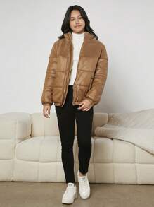 Abrigo acolchado con panel de peluche en contraste, bolsillo inclinado para niña adolescente - Camel - Ver 6
