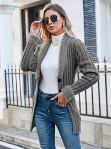 SHEIN LUNE Fuzzy Collar Button Front Cardigan Fall Cloth For Women - Grey - View 3