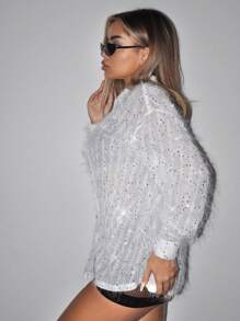 SHEIN ICON Thả vai Nút phía trước Kim sa Áo sơ mi - trắng - Xem 3