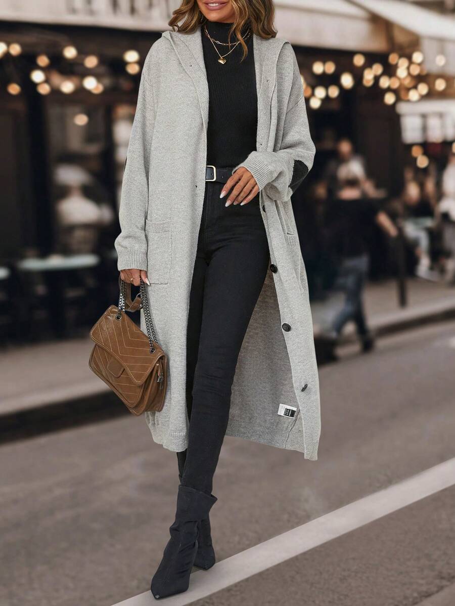 SHEIN Frenchy Drop Shoulder Hooded Longline Hooded Cardigan - Grey - View 1