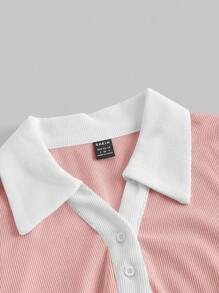 SHEIN MOD 拼接領前紐扣緊身連衣裙 - 淺粉色 - 查看 3