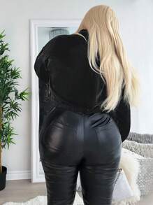 SHEIN SXY Plus Flap Detail Drop Shoulder Crop Jacket - Black - View 2