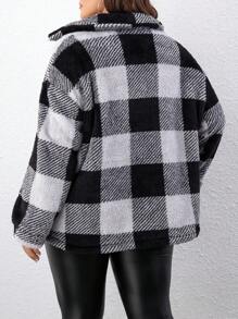SHEIN LUNE Plus Buffalo Plaid Pattern Dual Pocket Drop Shoulder Teddy Coat - Multicolor - View 2