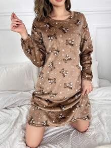 熊和星星印花絨布睡裙 - 彩色 - 查看 4