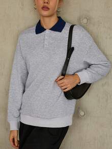 SHEIN Essnce 拼接領落肩袖運動衫 - 灰色 - 查看 3