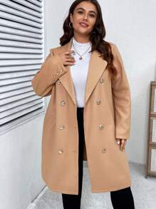 SHEIN LUNE Plus Lapel Neck Double Breasted Overcoat - Khaki - View 1