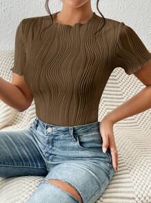 SHEIN Frenchy 女士纯色圆领镂空刺绣短袖紧身衣，时尚，返校服装，复古风格，秋季服装，7 月 4 日服装，教师服装 - 咖啡棕 - 查看 3