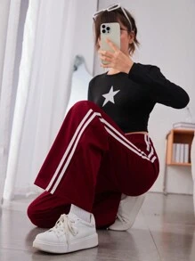 Teen Girl Contrast Tape Side Wide Leg Pants - Red - View 6