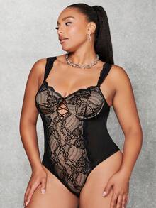 SHEIN BAE Plus Contrast Lace Crisscross Front Bodysuit - Black - View 6