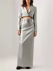 Mathilde Lhomme Designer Solid PU Leather Belted Maxi Elegant Skirt, For Summer, Holiday, Party, New Year Eve, Festival - Silver - View 6