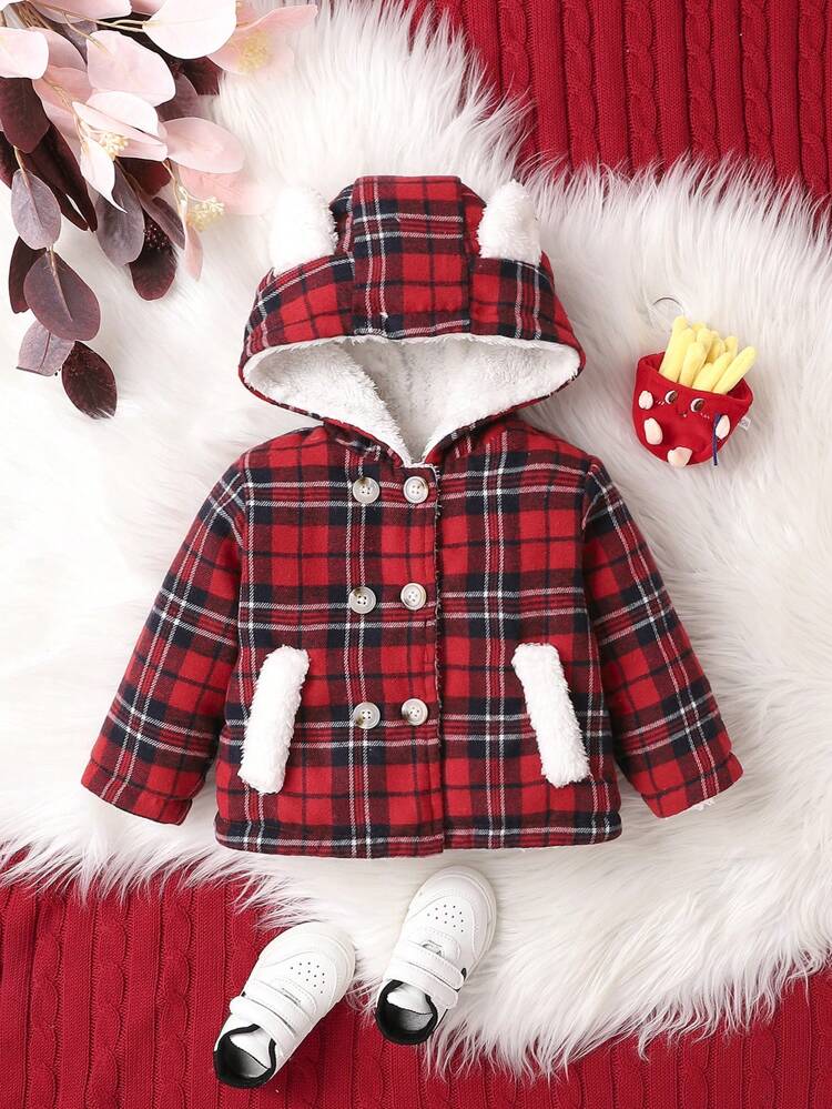 Baby Girl Tartan Double Breasted 3D Ear Design Teddy Lined Hooded Coat for Christmas