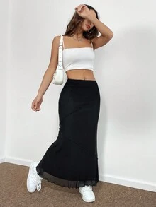 SHEIN EZwear Chất rắn Ren Mộc nhĩ Nàng tiên cá Hem Lưới Váy - màu đen - Xem 3