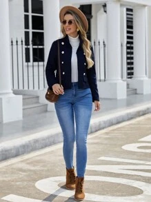 EMERY ROSE 雙排釦花呢外套 - 藏蓝色 - 查看 3