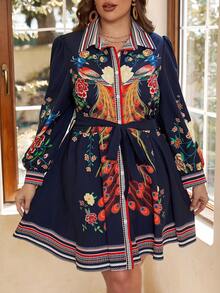 SHEIN VCAY Hơn In hoa Thắt lưng Váy sơ mi - Nhiều màu - Xem 5