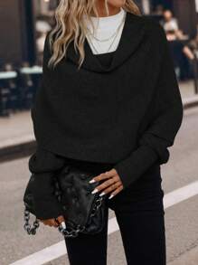 SHEIN Clasi 垂領蝙蝠袖套頭毛衣 - 黑色 - 查看 1