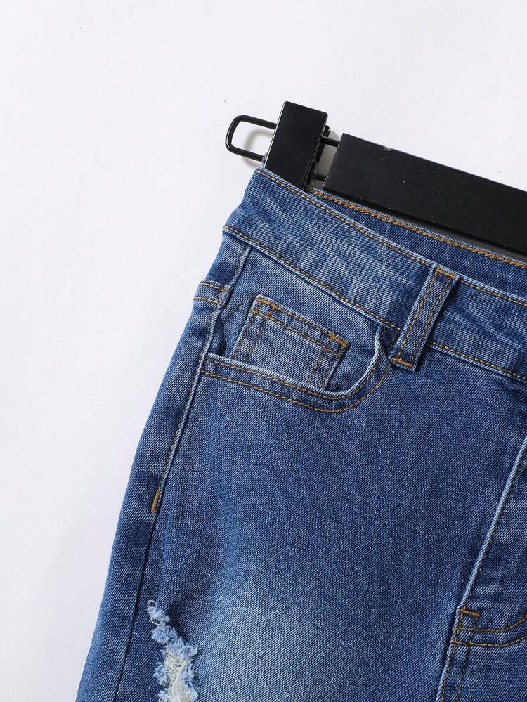 SHEIN 男孩破洞毛邊破洞抽鬚漂白水洗牛仔褲 - 深色水洗藍 - 查看 3