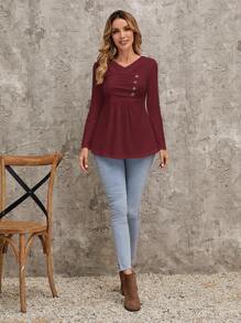 EMERY ROSE 不對稱領紐扣細節T恤 - 酒紅色 - 查看 6