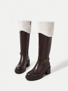 SheIn MOD Women's Fashionable & Comfortable Brown Buckle Decorated Warm Motorcycle Boots - Brown - View 2