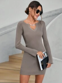 Aveloria Chain Detail Notched Neckline Bodycon Sweater Dress Fall Cloth For Women - Mocha Brown - View 1