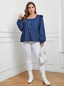 SHEIN LUNE 大碼方領荷葉邊荷葉邊下擺牛仔上衣 - 藍色 - 查看 3