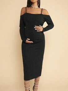 SHEIN Maternity Cold Shoulder Bodycon Dress - Black - View 3