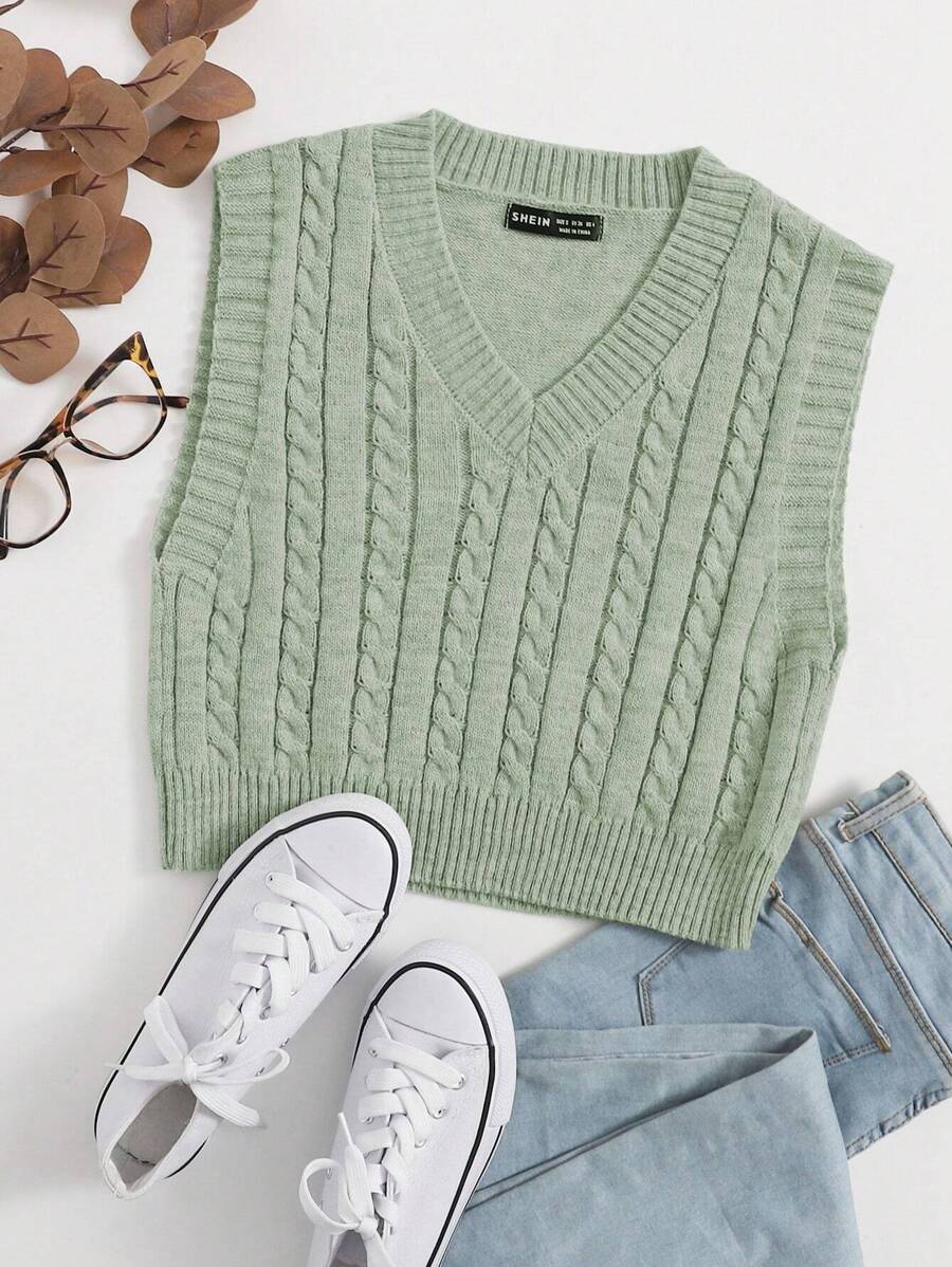 Elamini Solid Color V-Neck Twist Knit Casual Pullover Sweater Vest - Green - View 1