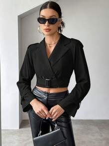 SHEIN Essnce 雙排釦帶扣細節短款風衣外套 - 黑色 - 查看 5