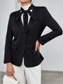 SHEIN Essnce 素色繫帶領紐扣開襟西裝外套 - 黑色 - 查看 4