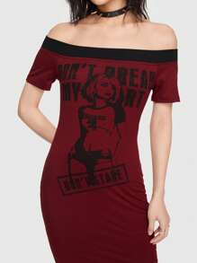 ROMWE Grunge Punk Khẩu hiệu & Hình ảnh Off Shoulder Váy liền áo vừa vặn - Nhiều màu - Xem 2