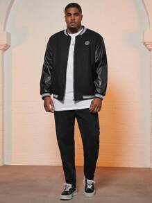 Manfinity Homme Men Plus Letter Patched Striped Trim Bomber Jacket - Black - View 5