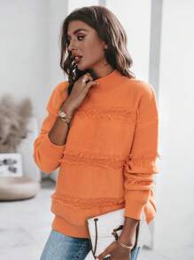 SHEIN LUNE 小高領落肩袖毛邊套頭毛衣 - 橘色 - 查看 4