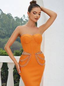 Chain Detail Cut Out Tube Bodycon Dress - Orange - View 7