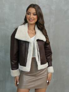 Women's Black Short Faux Fur Jacket With Teddy Lining - Coffee Brown - View 3